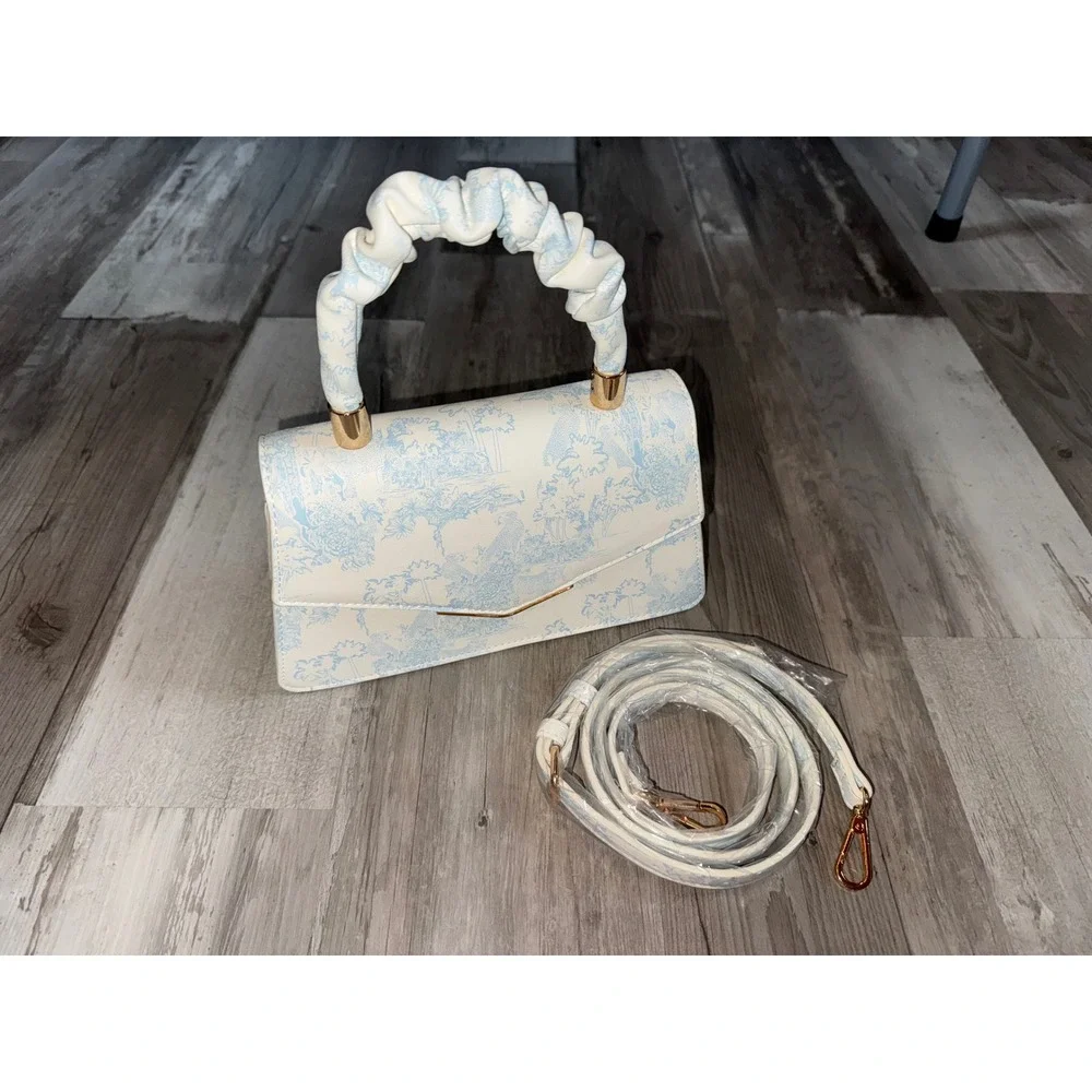 Aldo Top Handle Bag Women Cream Blue Toile De Jouy Ruched Handle Small OS